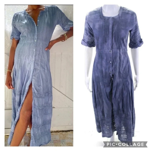 LoveShackFancy Edie Crochet Boho Button Front Maxi Dress in Blue Washed Denim XS - Picture 1 of 15